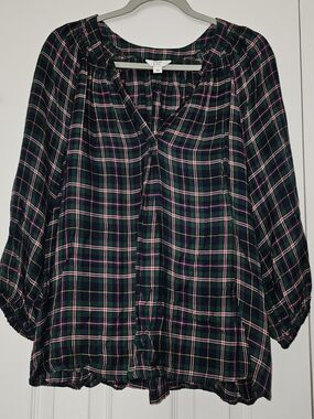 crown & ivy Dark Green & Pink Plaid Peasant Blouse